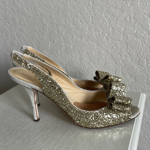 kate spade Shoes Kate Spade Gold Glitter Bow Slingback Peeptoe Heels Size Poshmark
